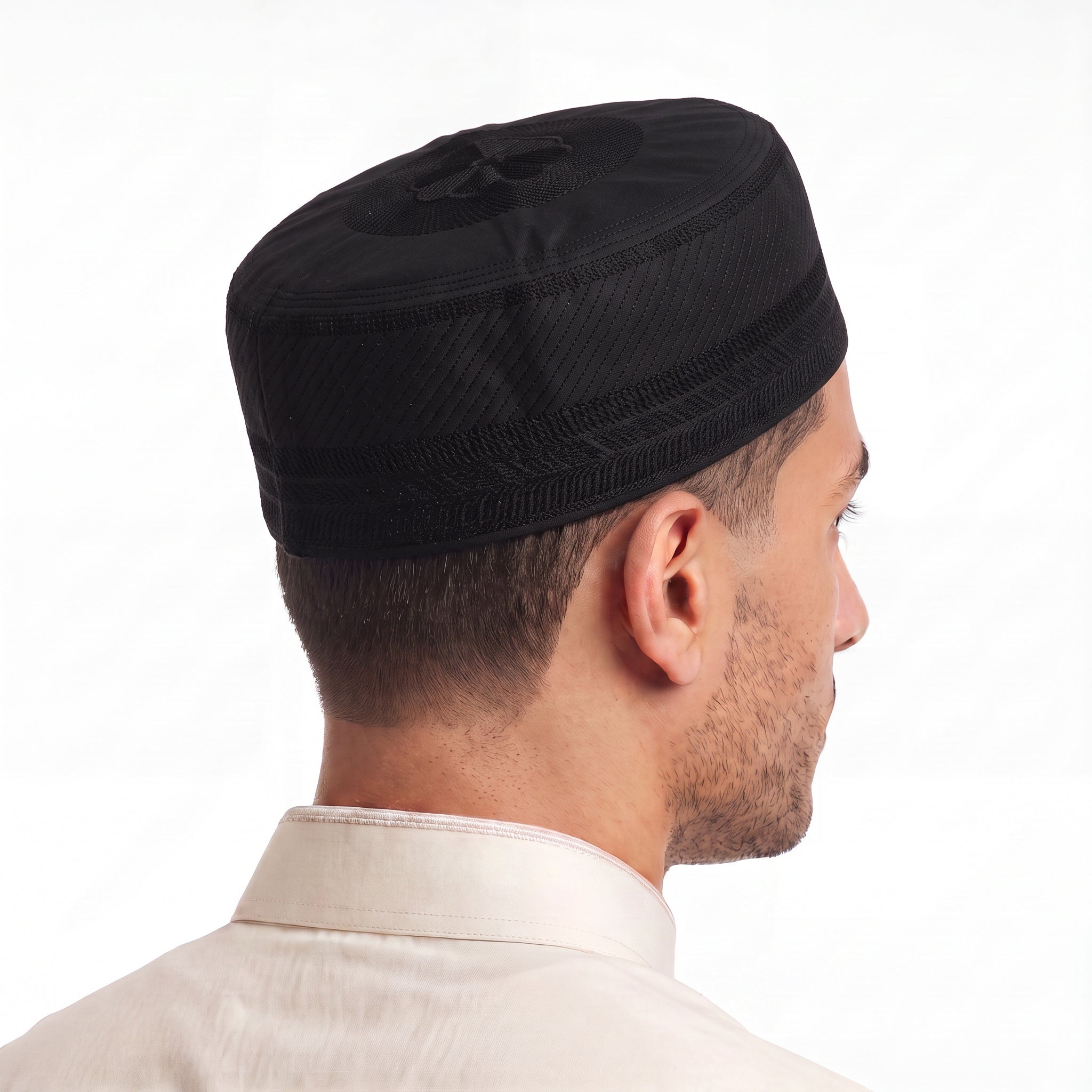 Embroidered Geometric Prayer Hat Black