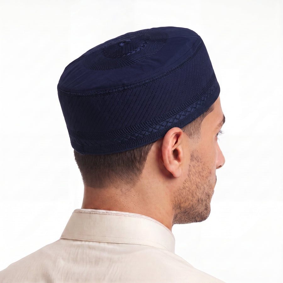 Embroidered Geometric Prayer Hat Navy Blue