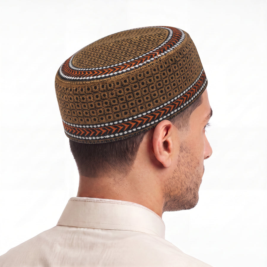 Embroidered Floral Prayer Hat Brown