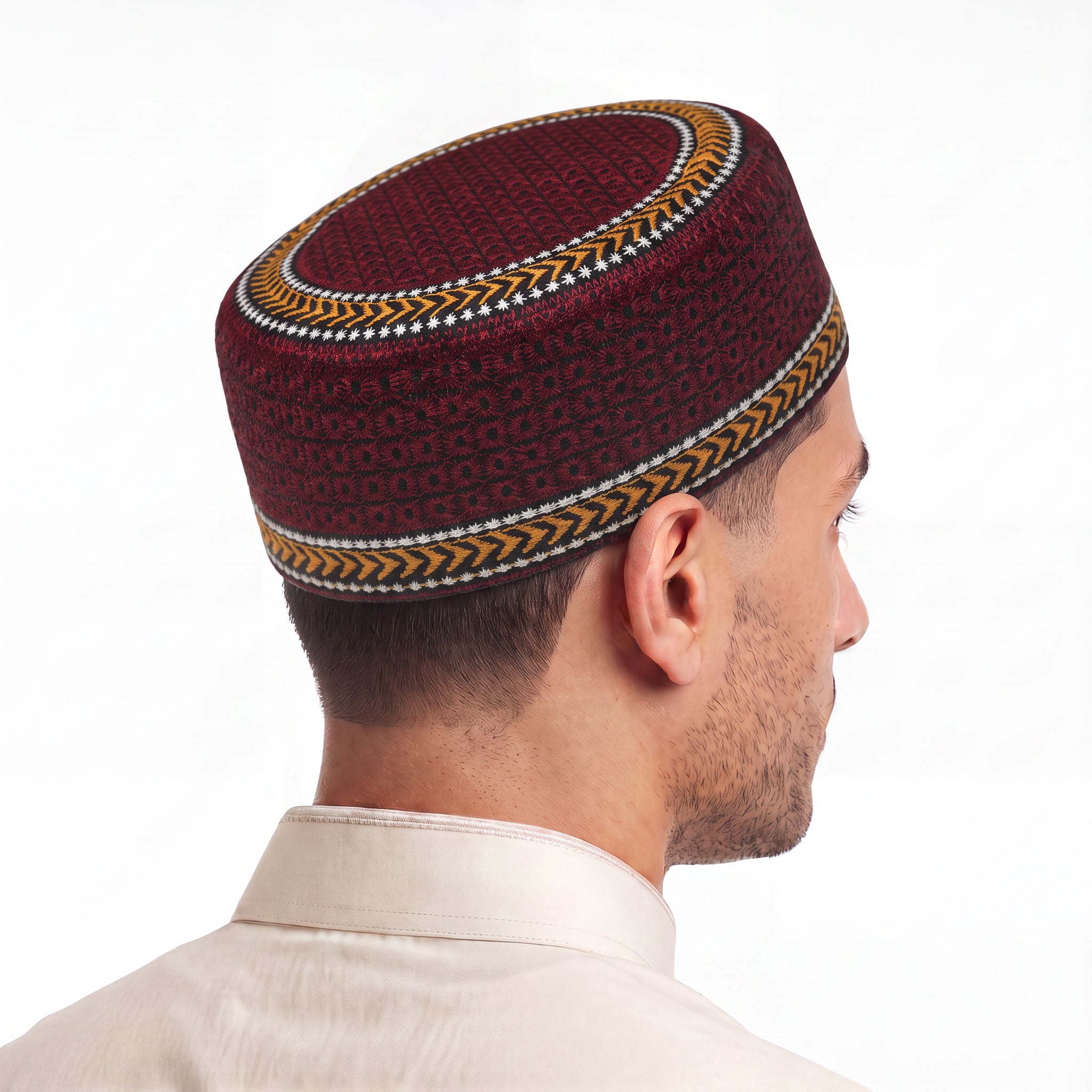 Embroidered Floral Prayer Hat Maroon