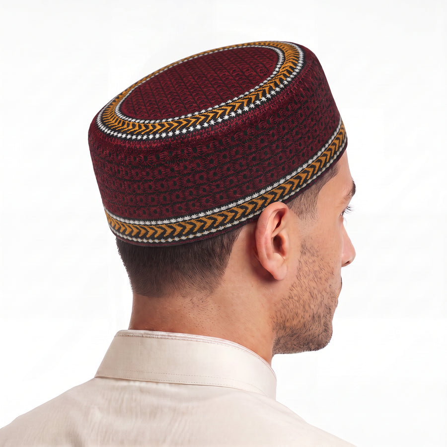 Embroidered Floral Prayer Hat Maroon