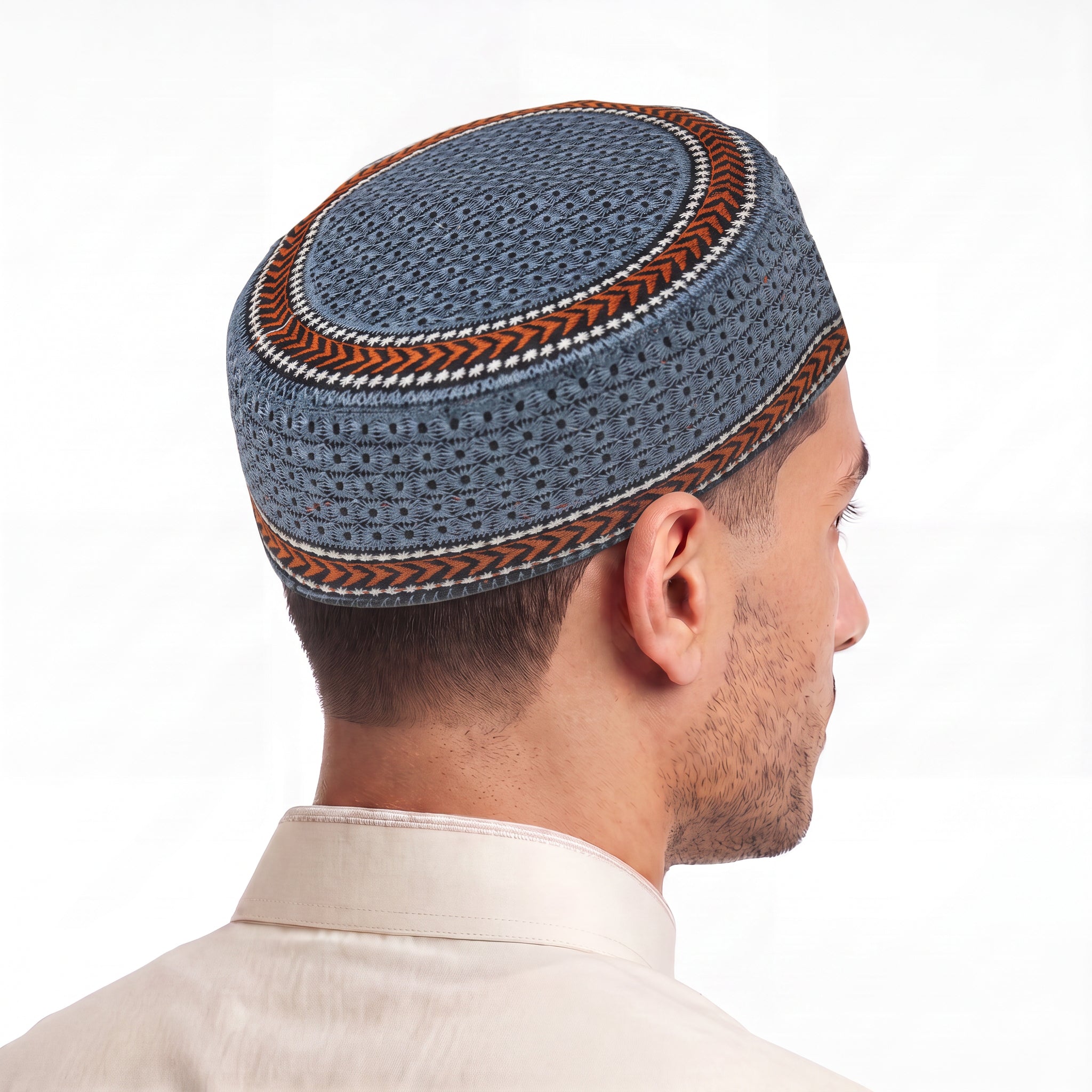 Embroidered Floral Prayer Hat Steel Blue