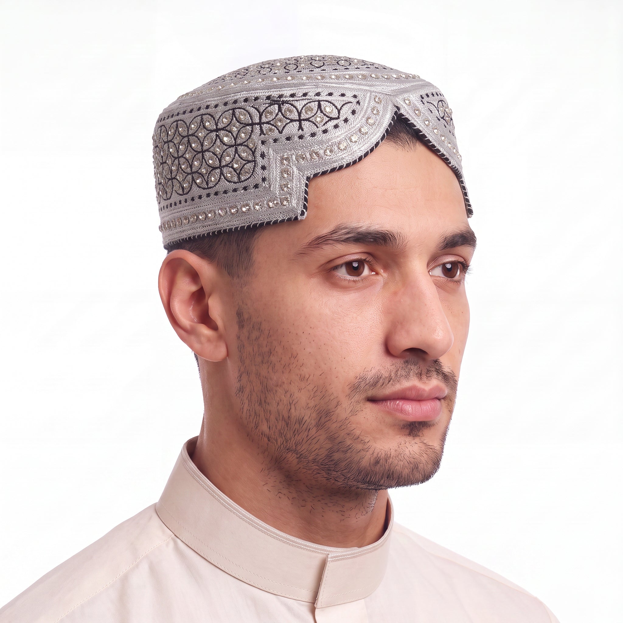 Circular Pattern Arched Prayer Hat Silver