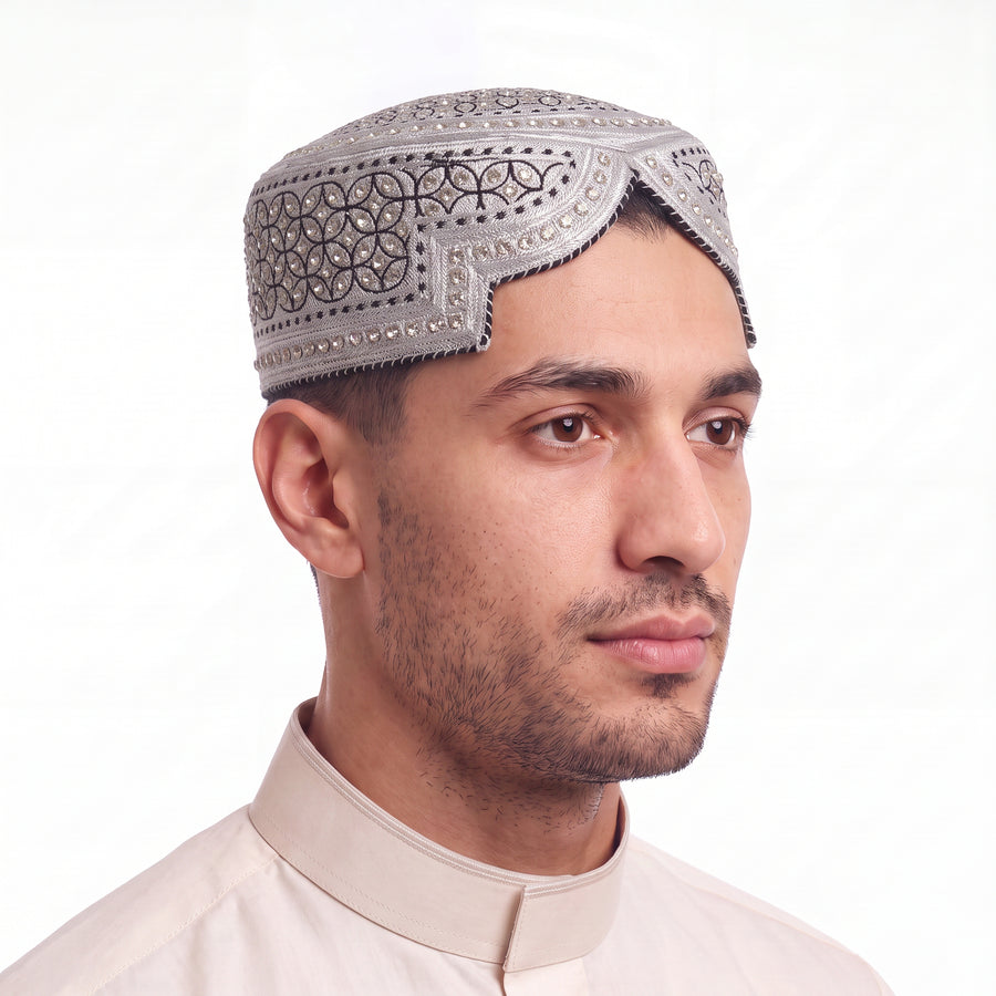 Circular Pattern Arched Prayer Hat Silver