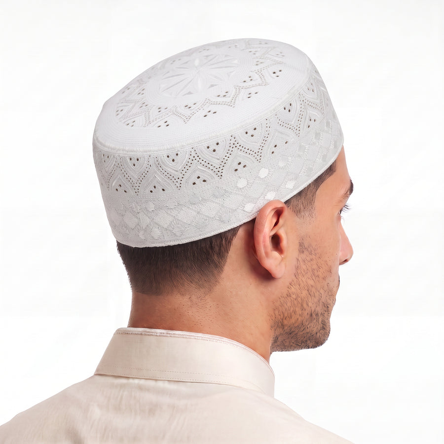 Floral Cutwork Prayer Hat White