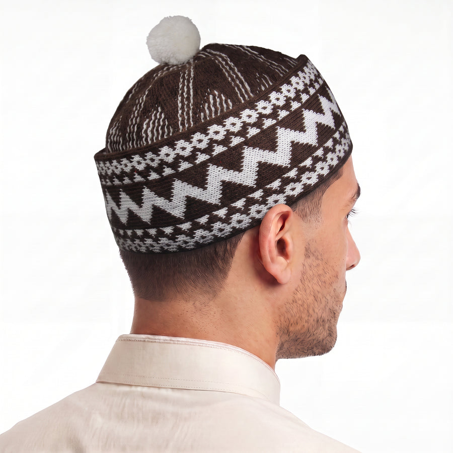 Zigzag Pom Pom Prayer Hat Brown