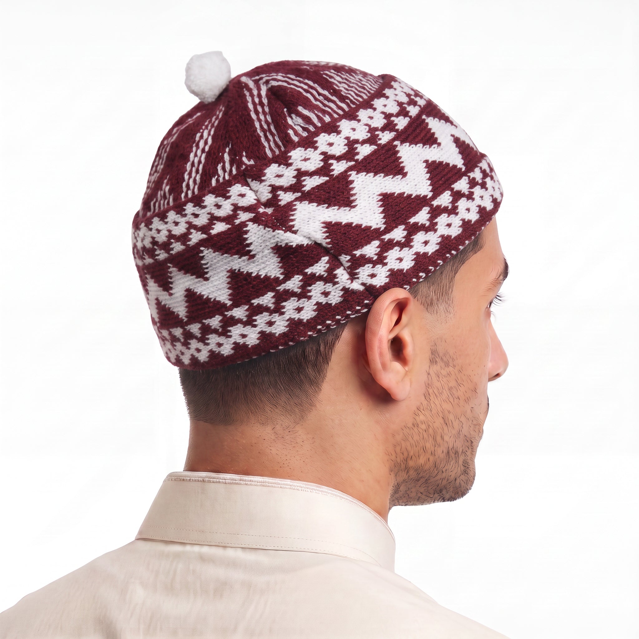 Zigzag Pom Pom Prayer Hat Maroon