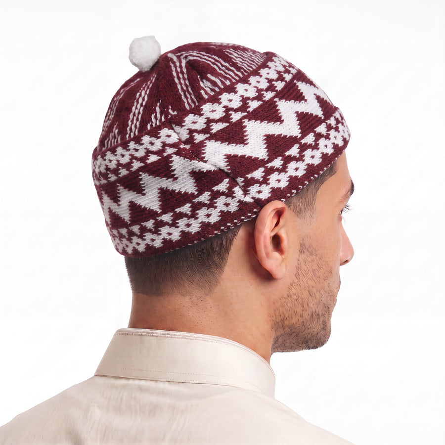 Zigzag Pom Pom Prayer Hat Maroon