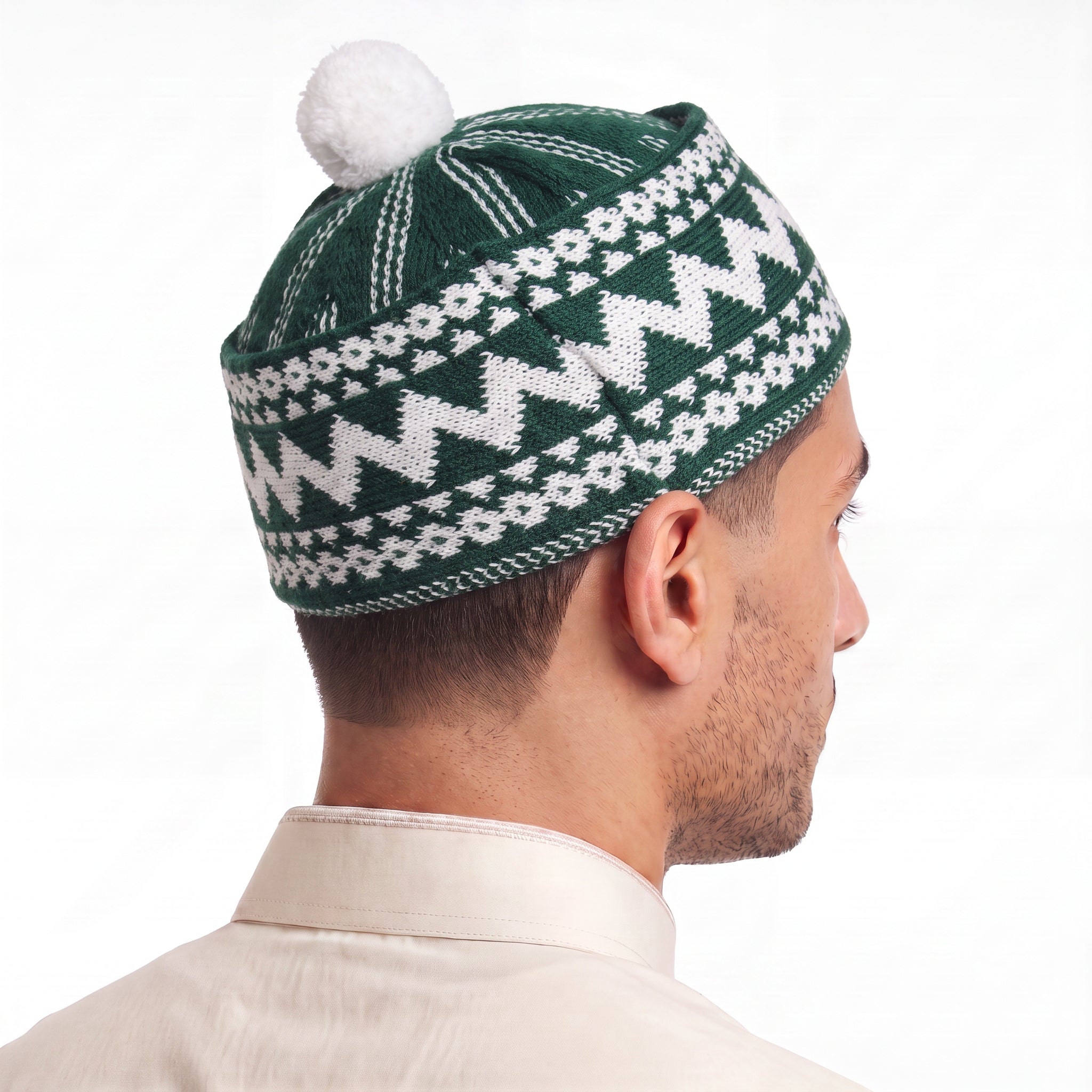 Zigzag Pom Pom Prayer Hat Emerald Green