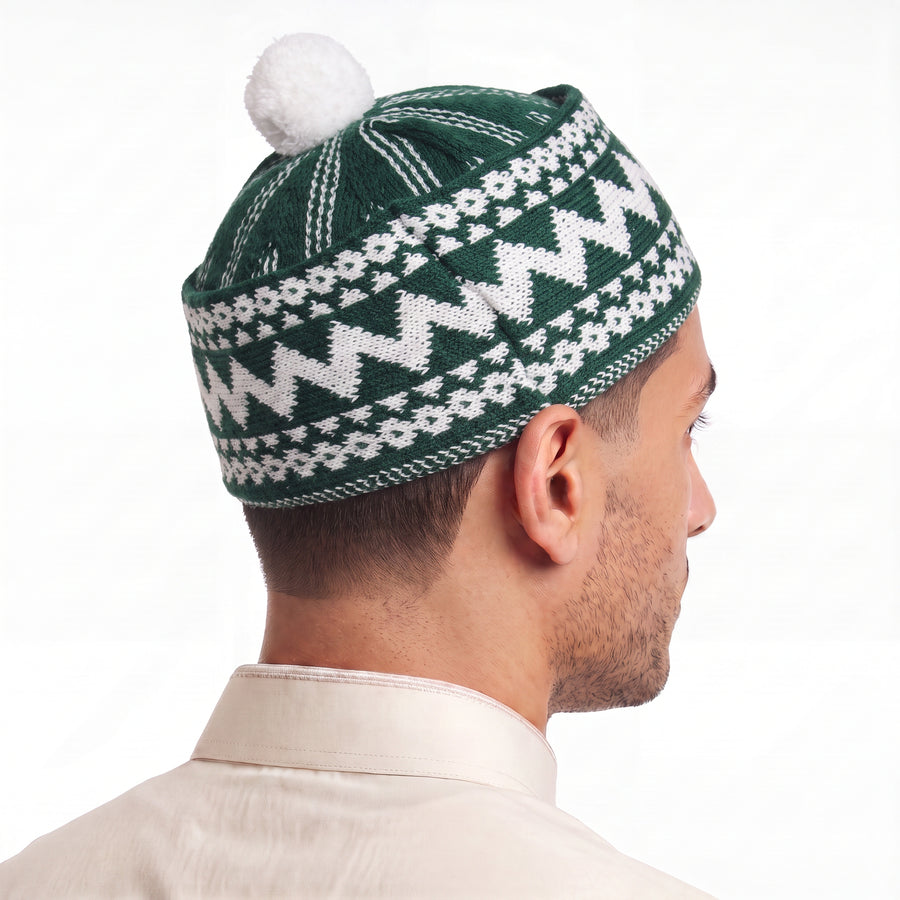 Zigzag Pom Pom Prayer Hat Emerald Green
