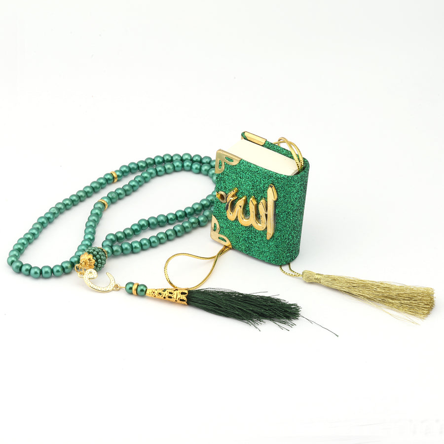 Mini Quran Hanger & 100 Bead Tasbih Gift Set Green 0944