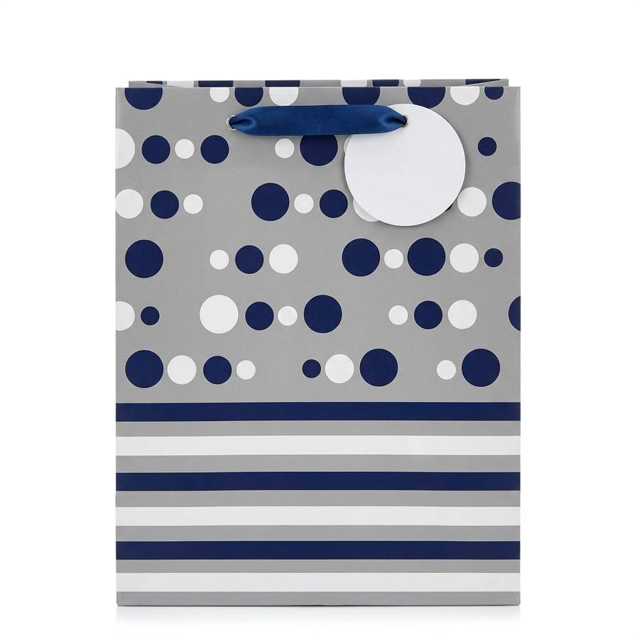 Navy & Silver Polka Dot Stripe Gift Bag
