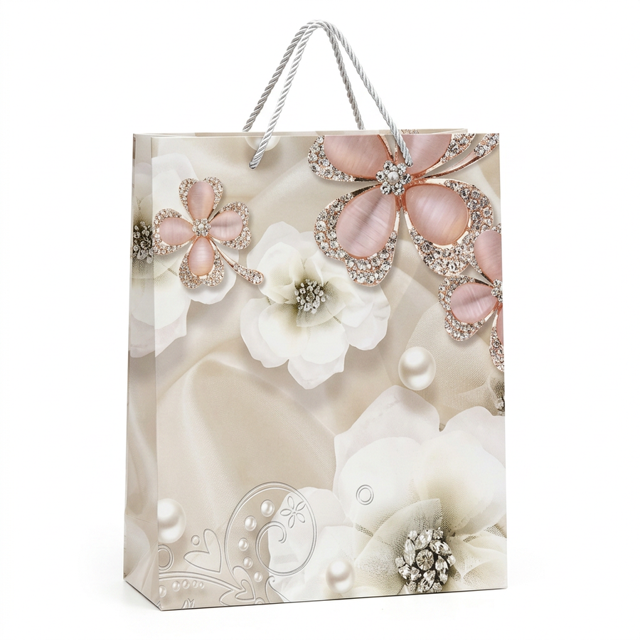Pink & White Floral Pearl Gift Bag - Medium