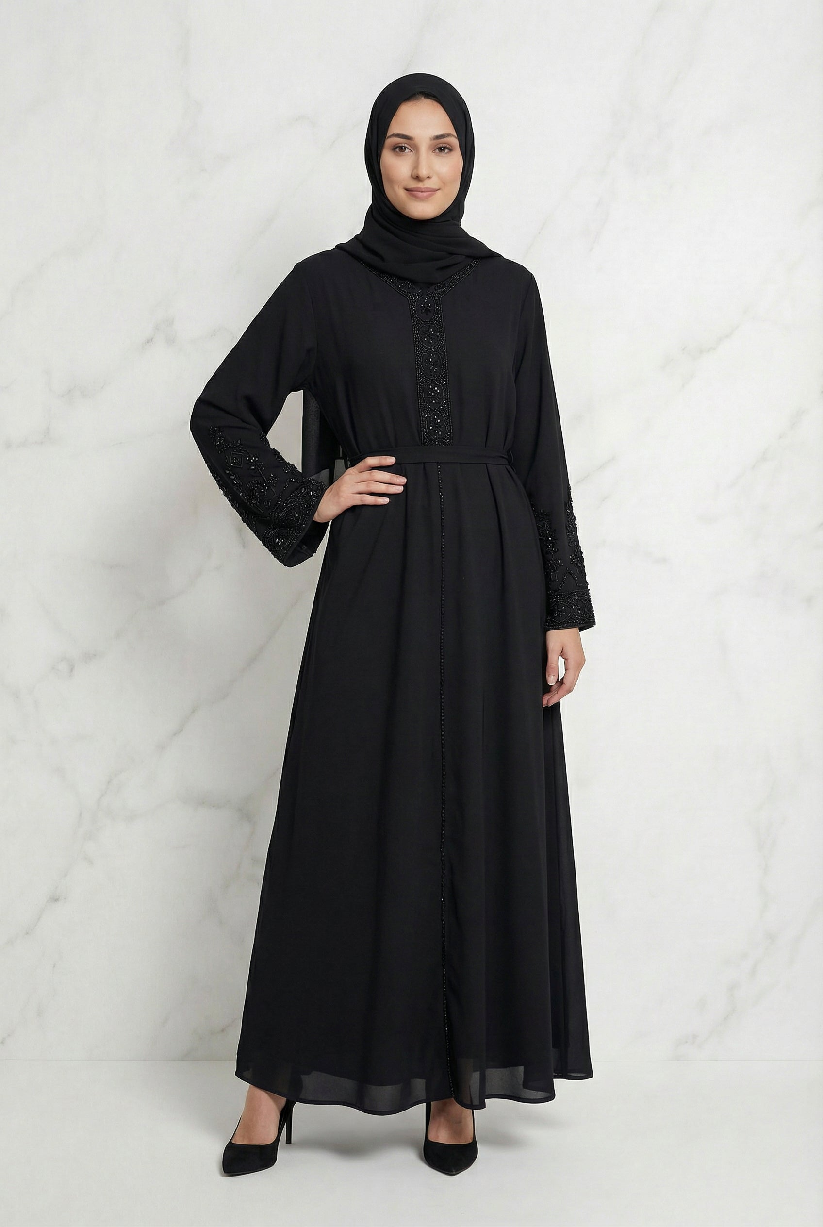 Bushra Beaded Chiffon Abaya Black 6160