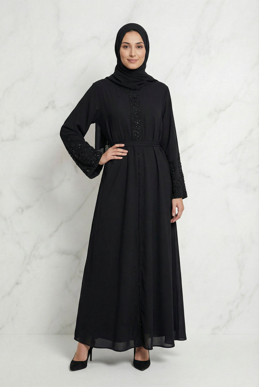 Bushra Beaded Chiffon Abaya Black 6160