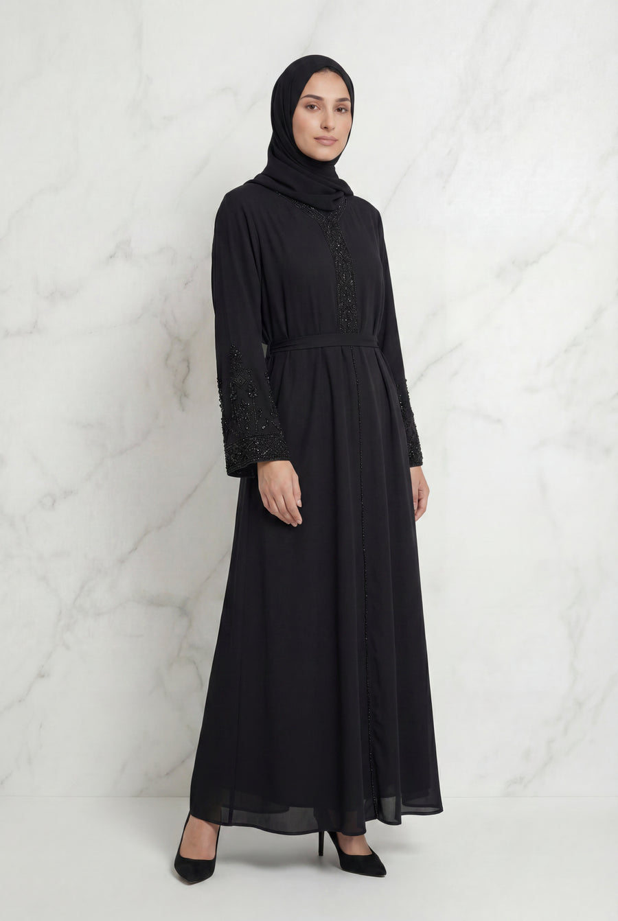 Bushra Beaded Chiffon Abaya Black 6160