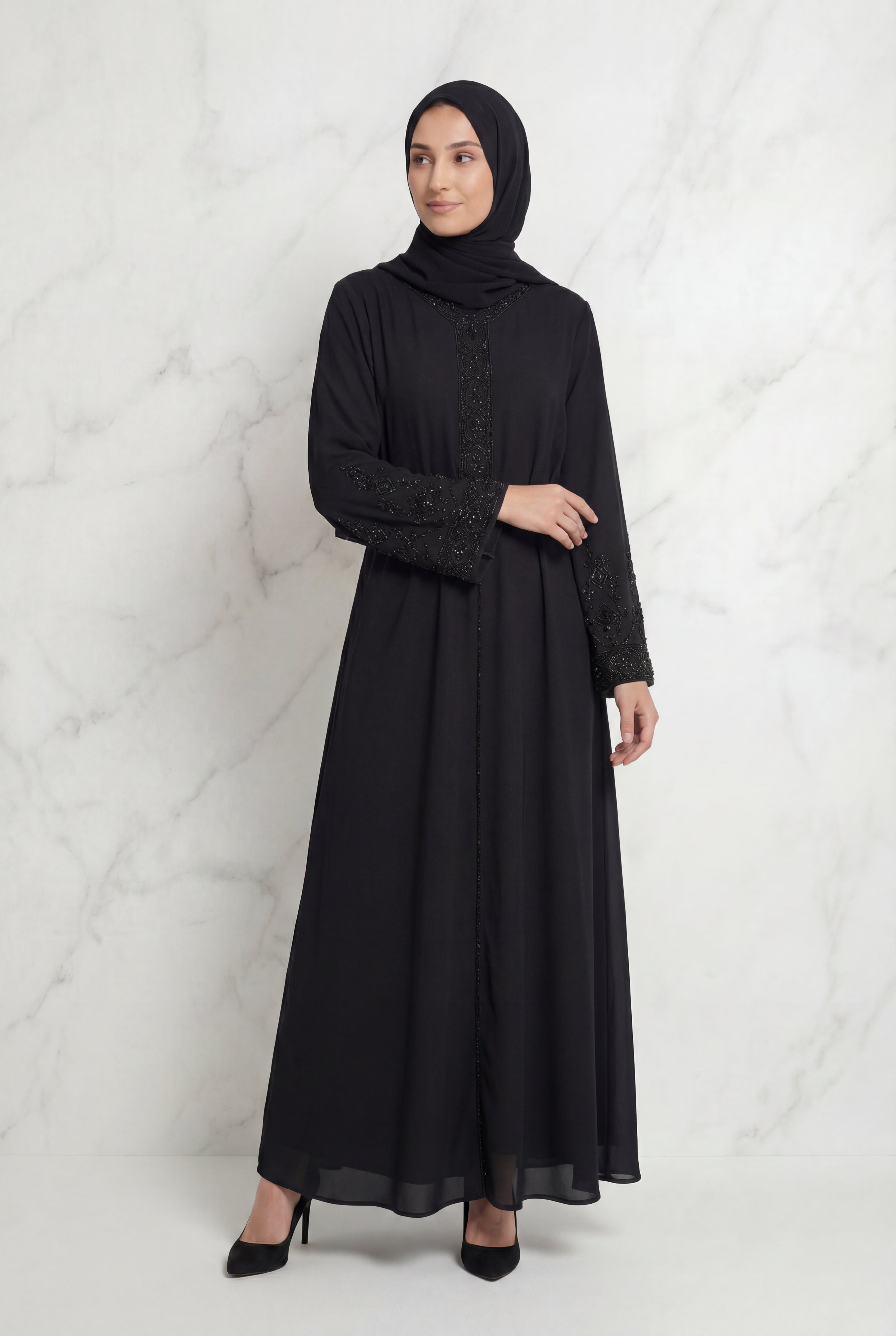 Bushra Beaded Chiffon Abaya Black 6160