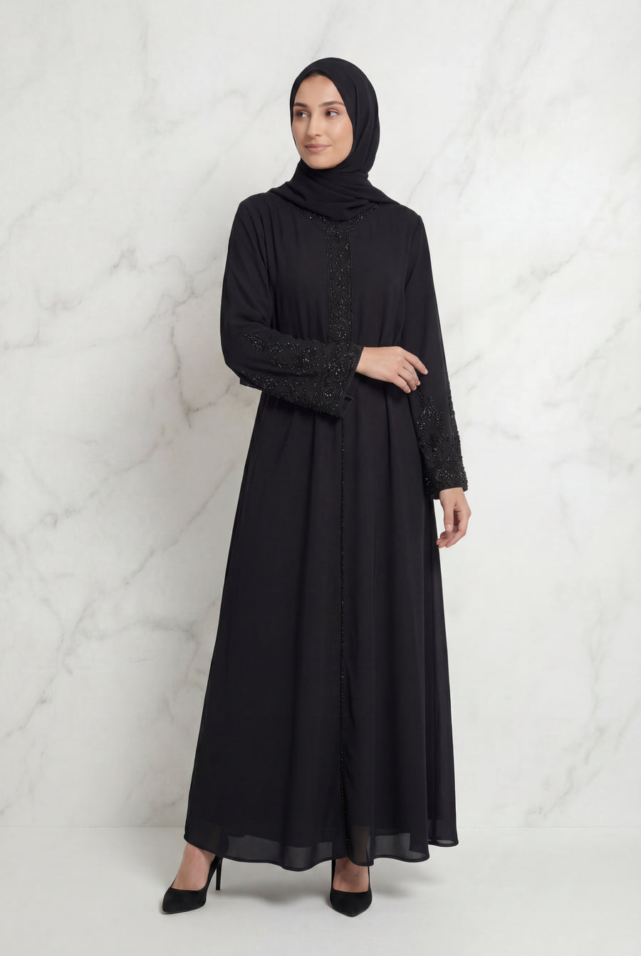 Bushra Beaded Chiffon Abaya Black 6160