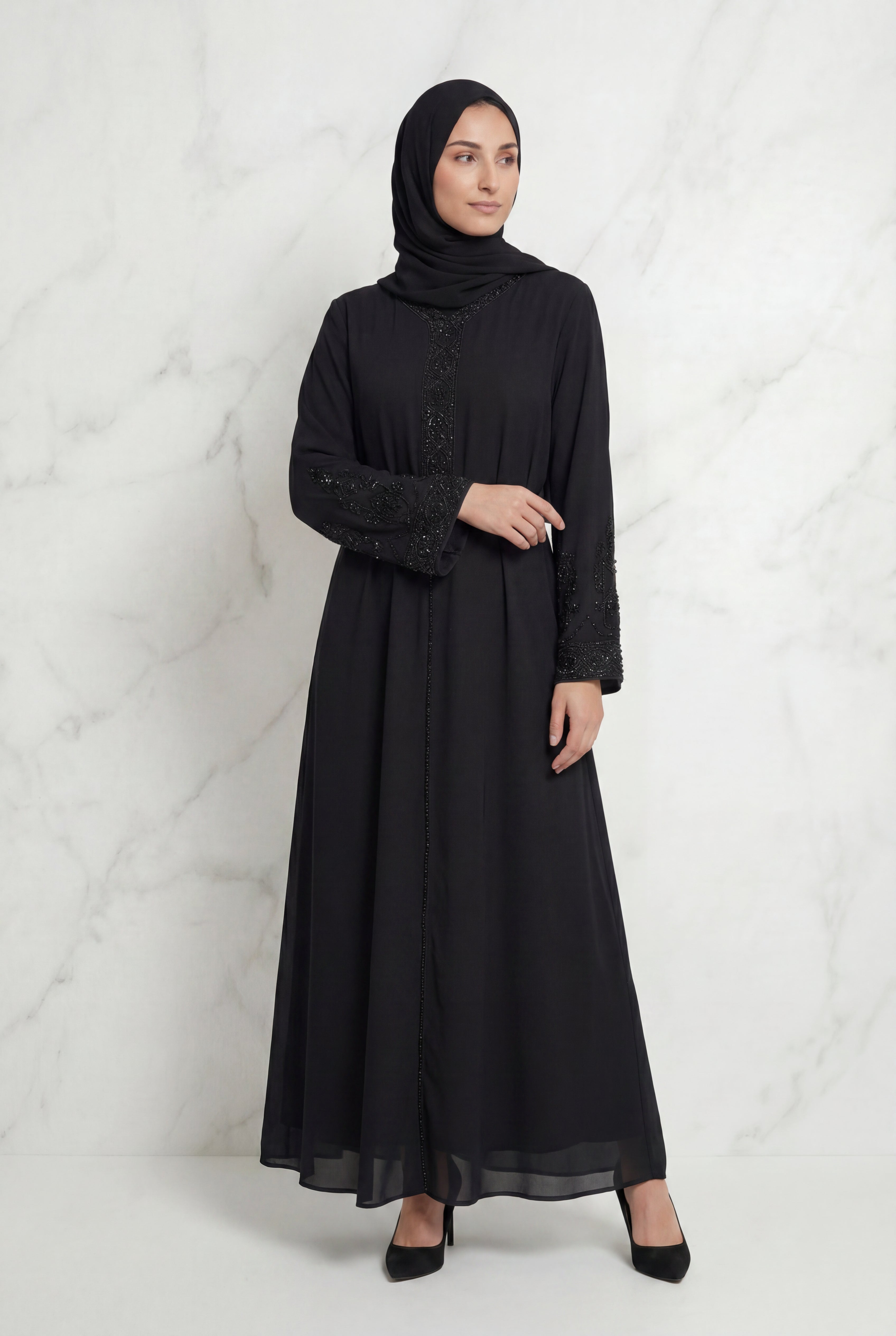 Bushra Beaded Chiffon Abaya Black 6160