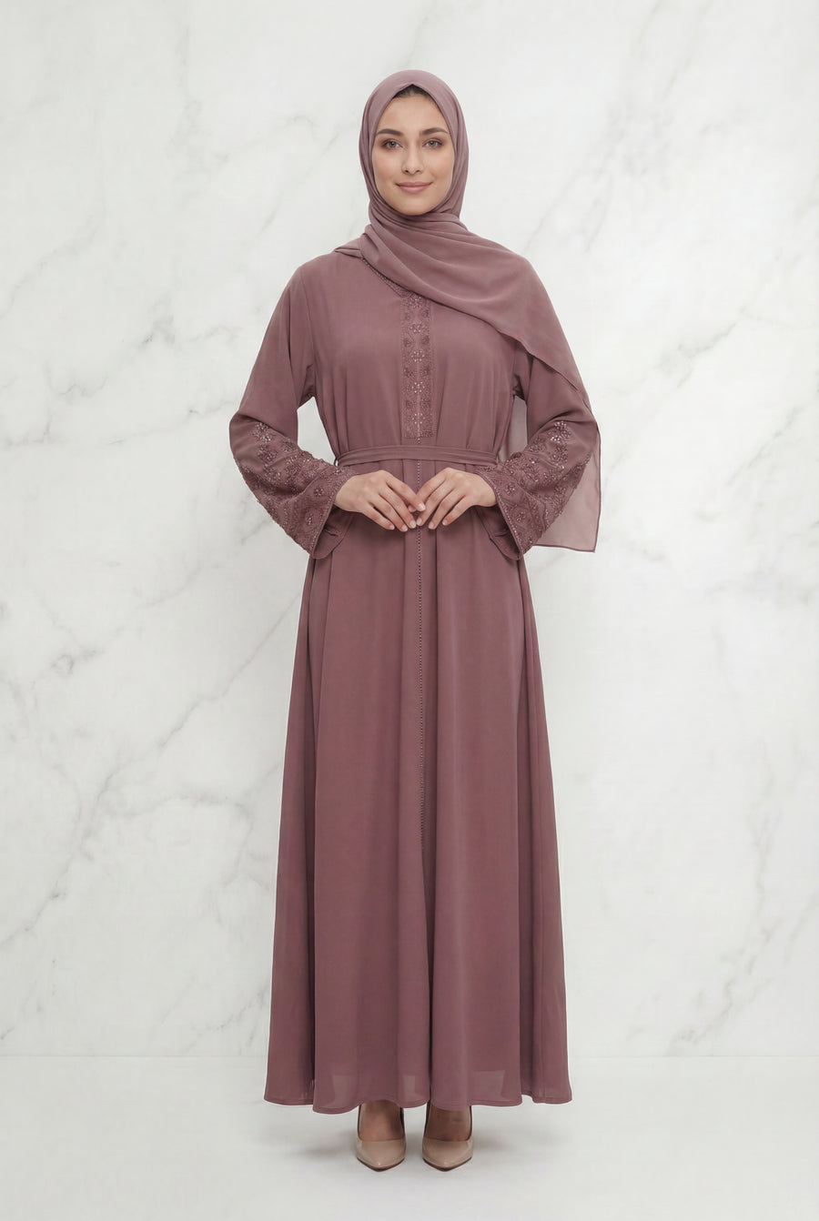 Bushra Beaded Chiffon Abaya Dusty Pink 6160