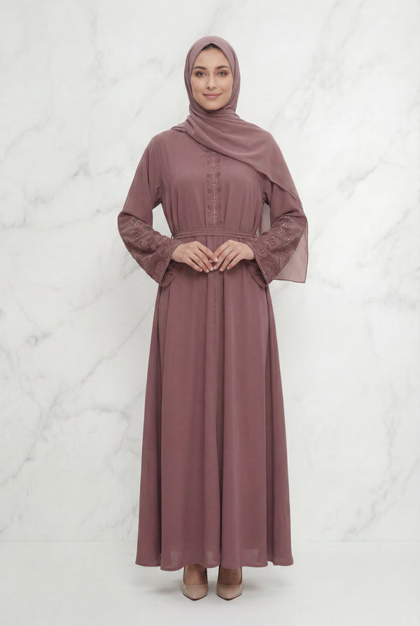 Bushra Beaded Chiffon Abaya Dusty Pink 6160
