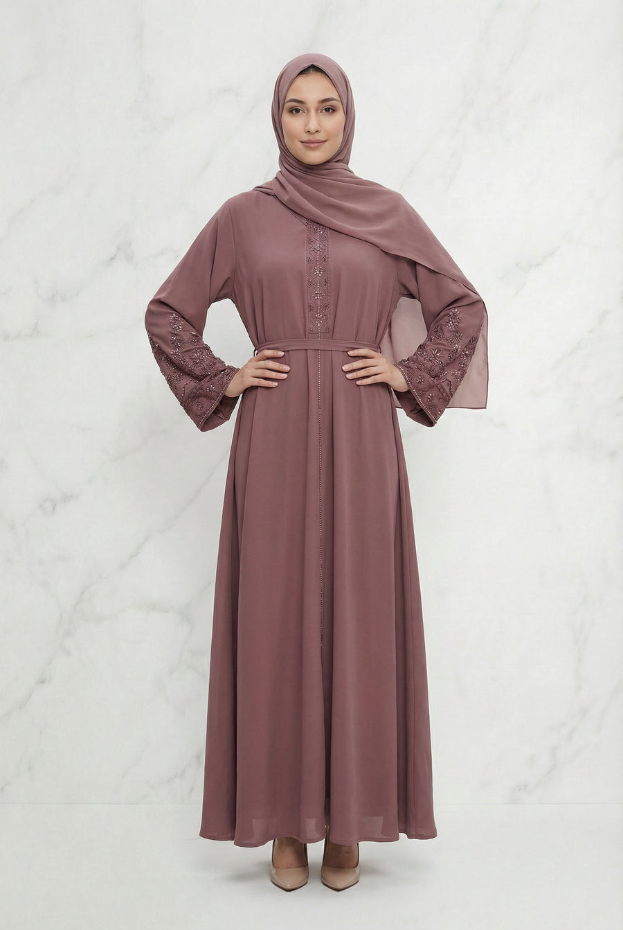 Bushra Beaded Chiffon Abaya Dusty Pink 6160