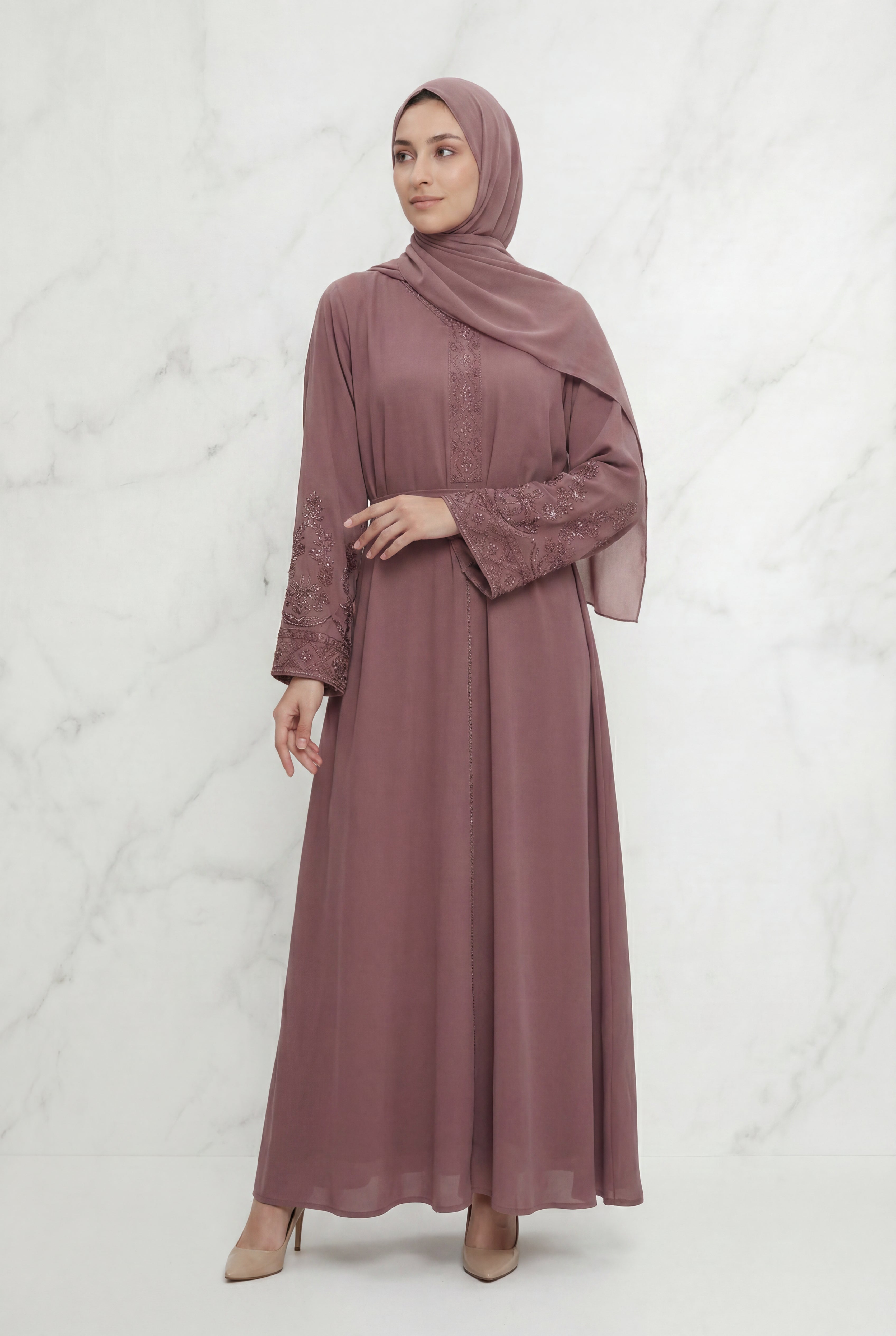 Bushra Beaded Chiffon Abaya Dusty Pink 6160