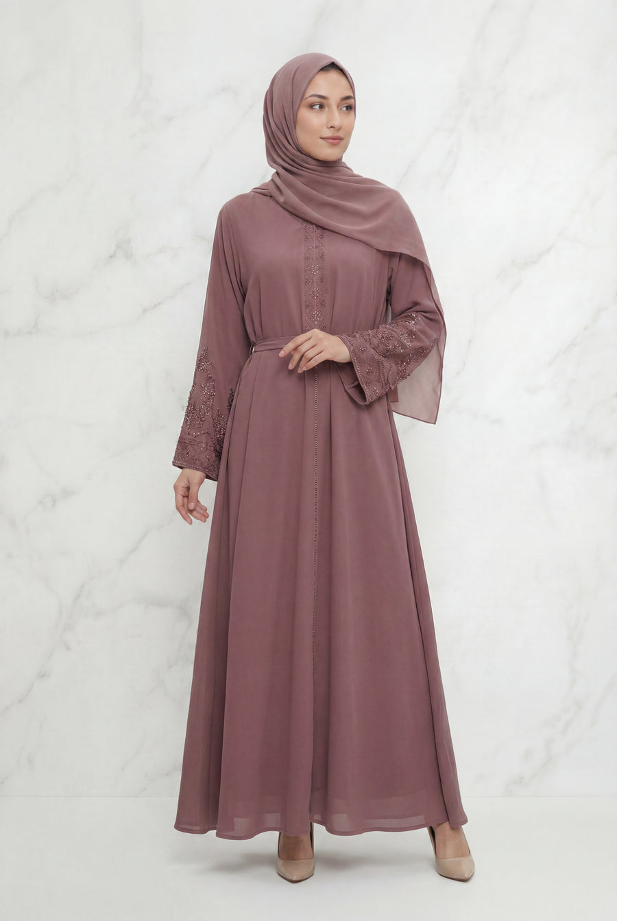 Bushra Beaded Chiffon Abaya Dusty Pink 6160