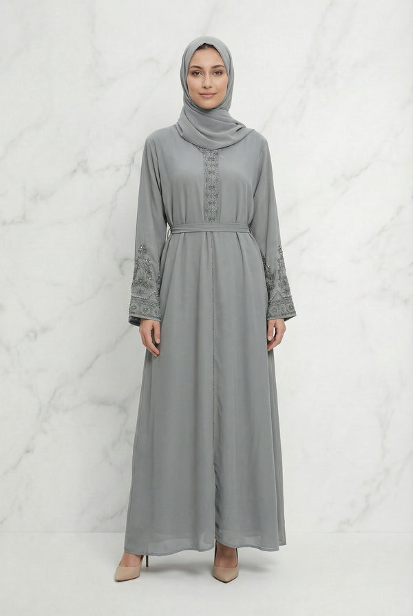 Bushra Beaded Chiffon Abaya Grey 6160
