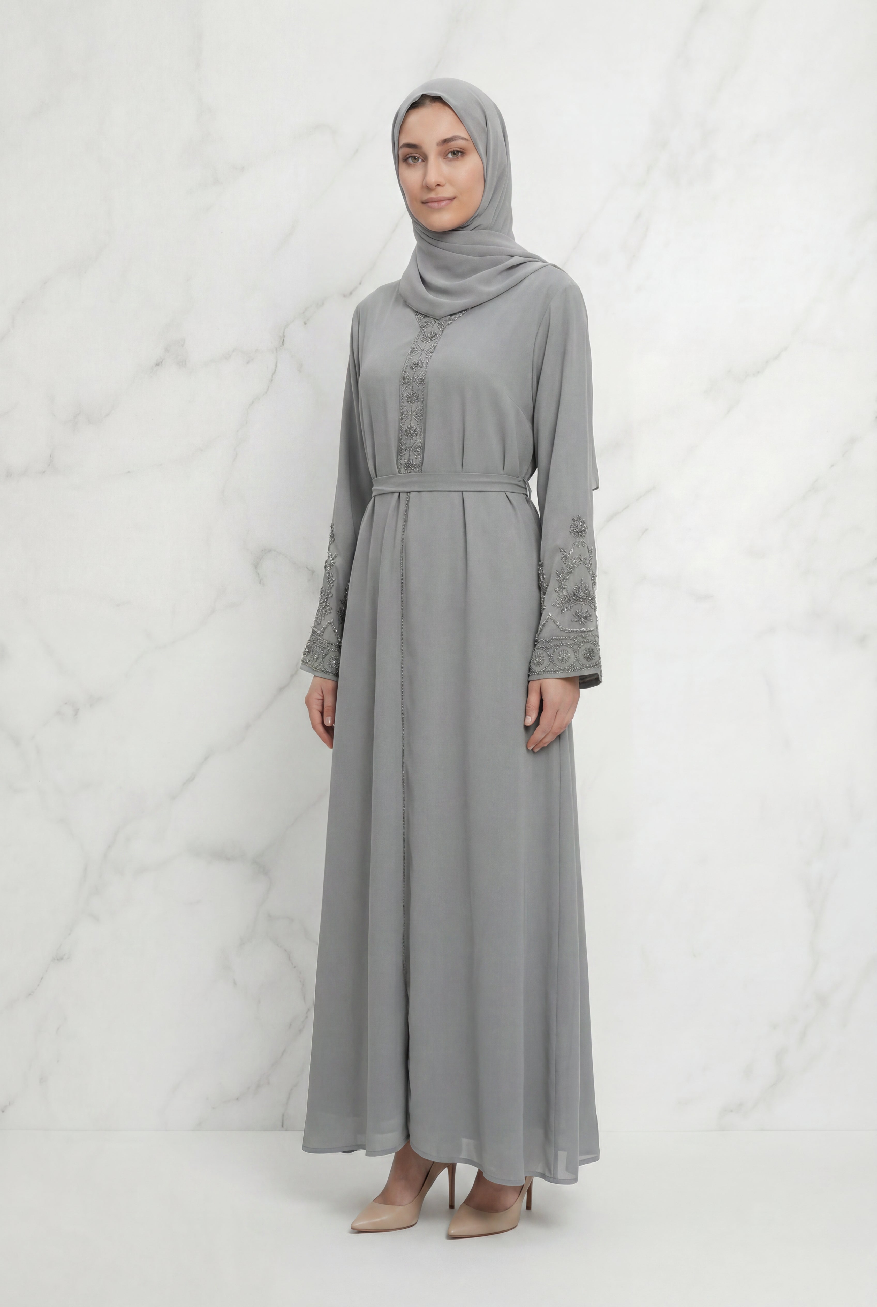 Bushra Beaded Chiffon Abaya Grey 6160