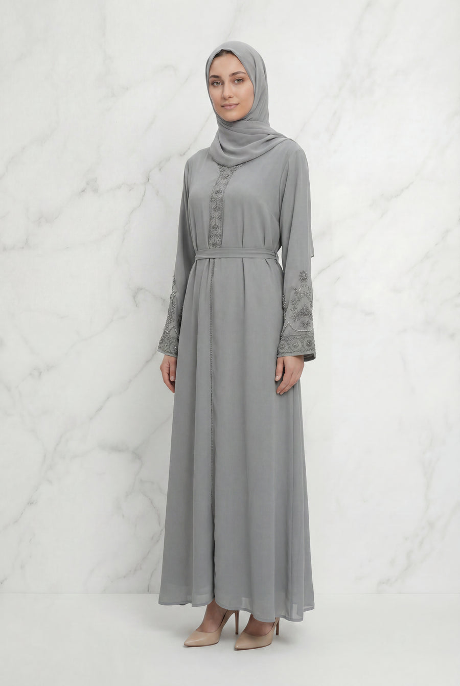 Bushra Beaded Chiffon Abaya Grey 6160