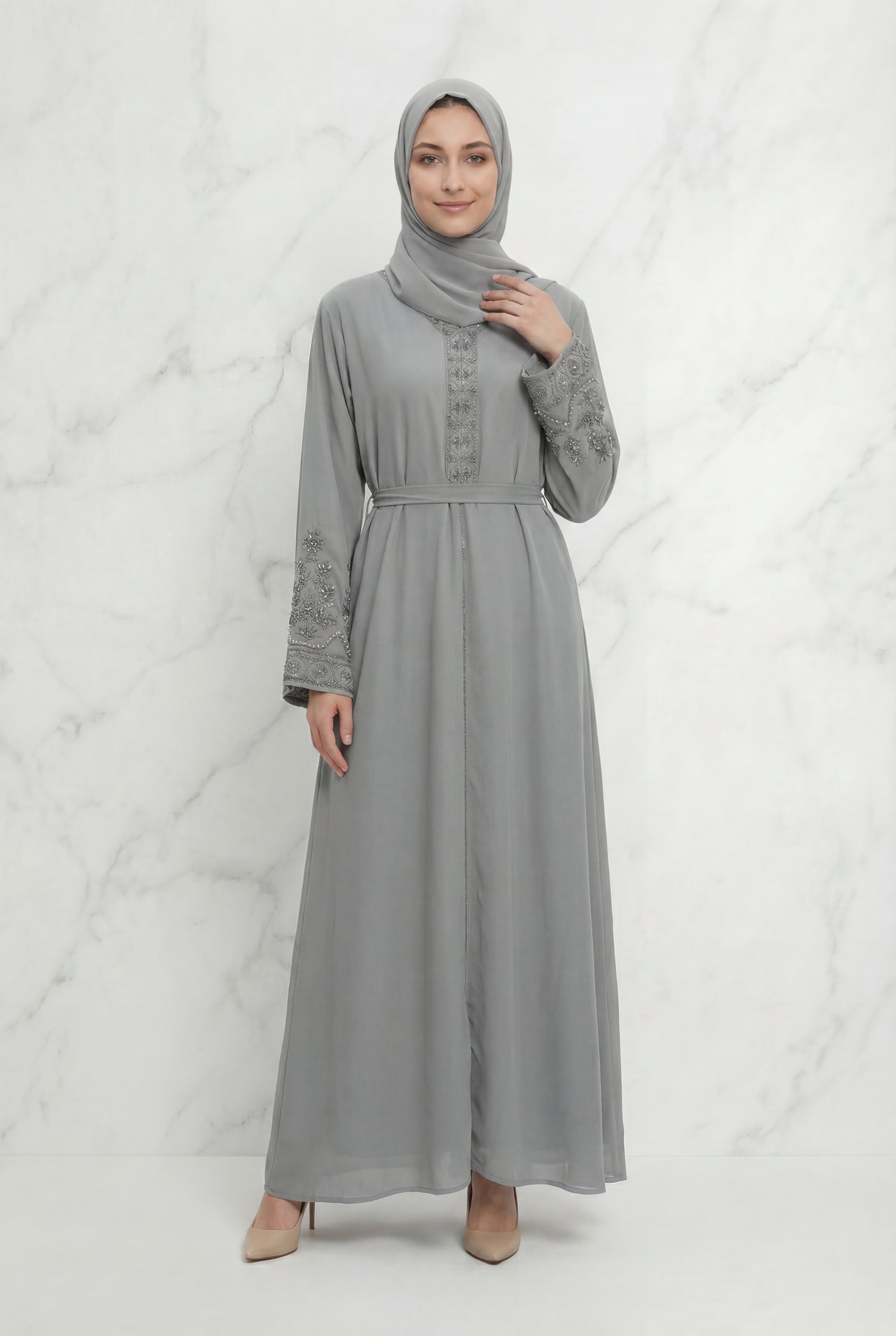 Bushra Beaded Chiffon Abaya Grey 6160