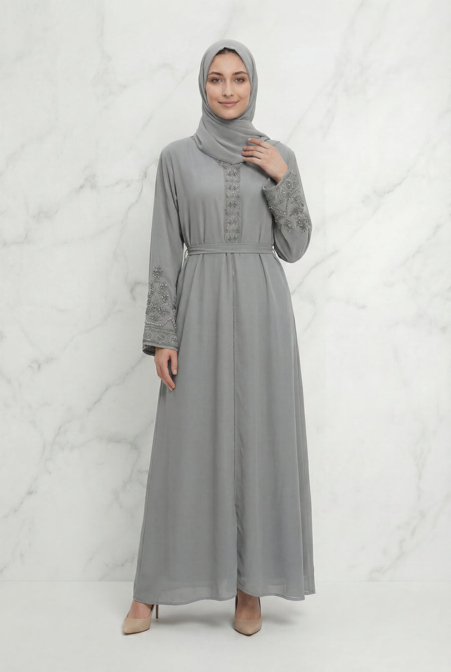 Bushra Beaded Chiffon Abaya Grey 6160