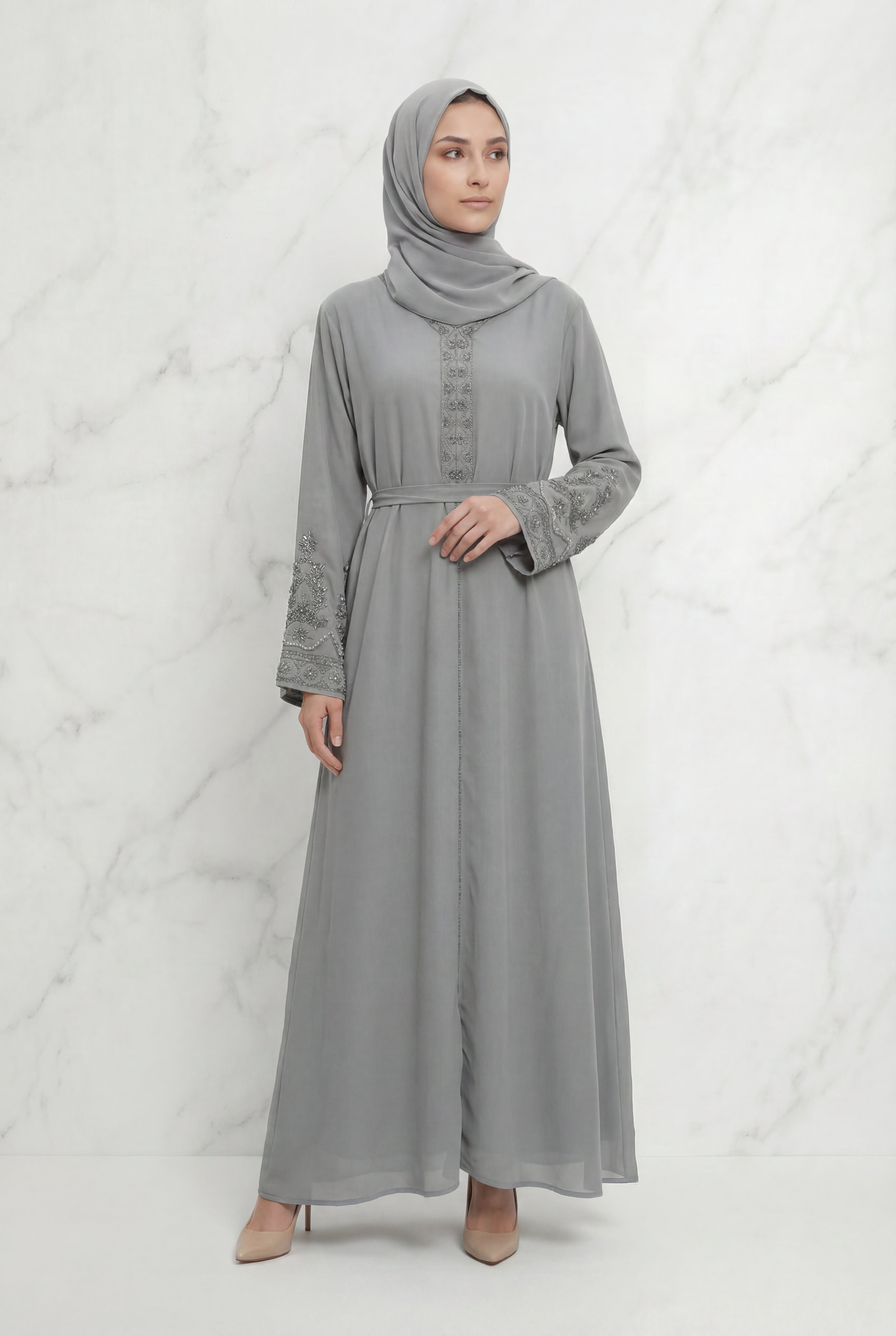 Bushra Beaded Chiffon Abaya Grey 6160
