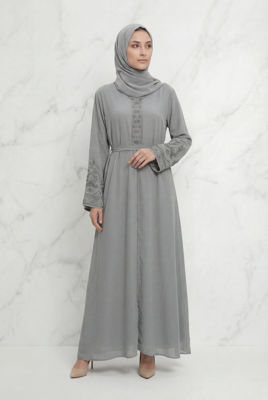 Bushra Beaded Chiffon Abaya Grey 6160