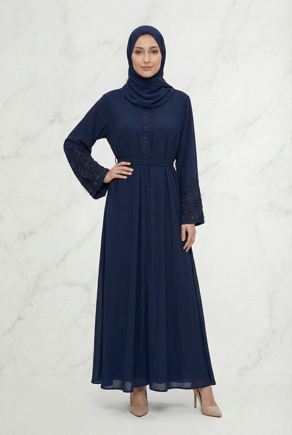 Bushra Beaded Chiffon Abaya Navy Blue 6160