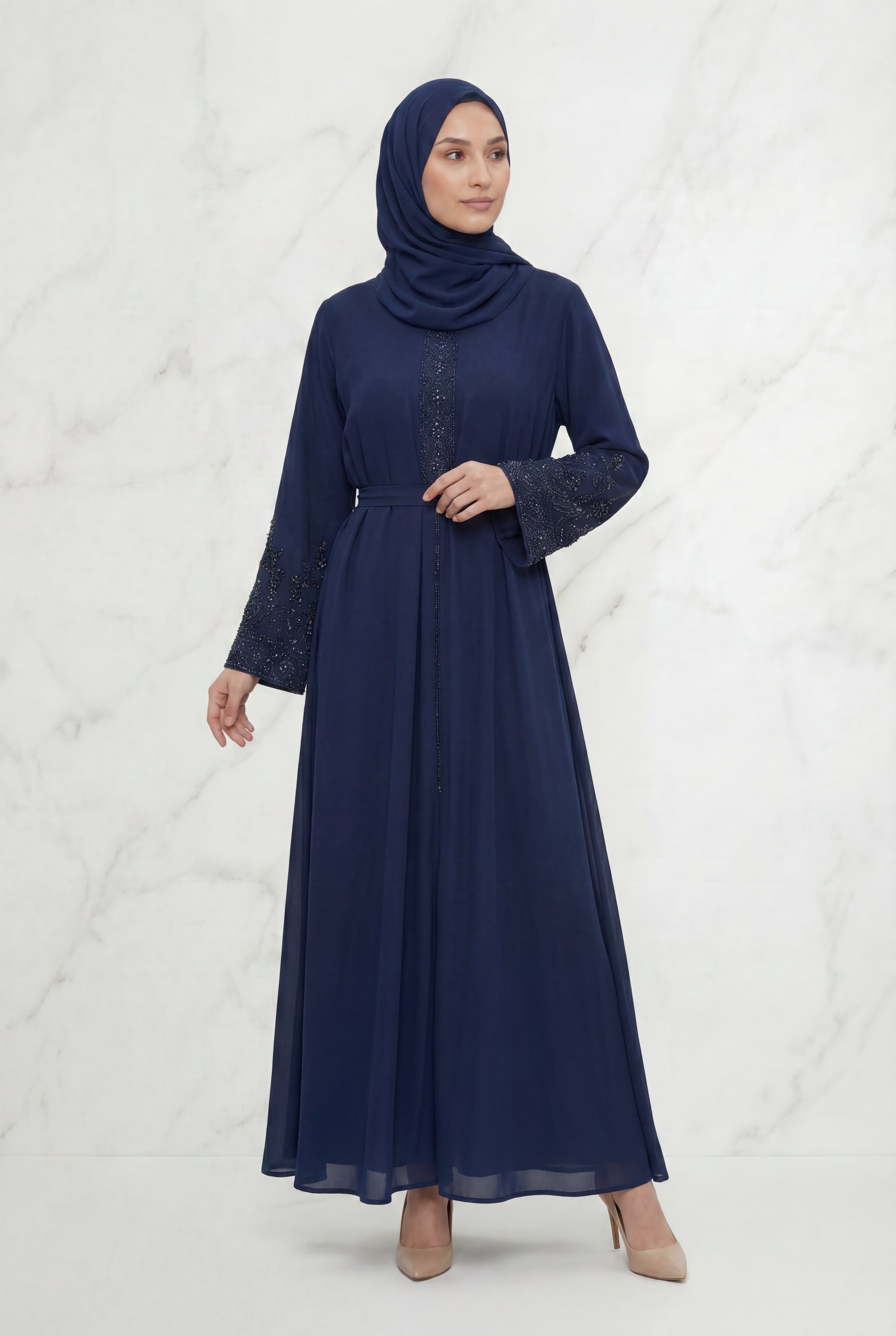 Bushra Beaded Chiffon Abaya Navy Blue 6160