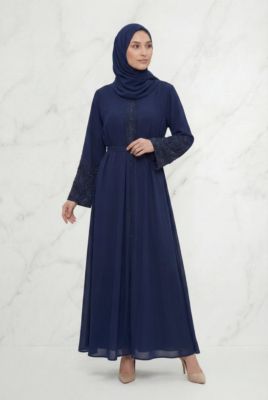Bushra Beaded Chiffon Abaya Navy Blue 6160
