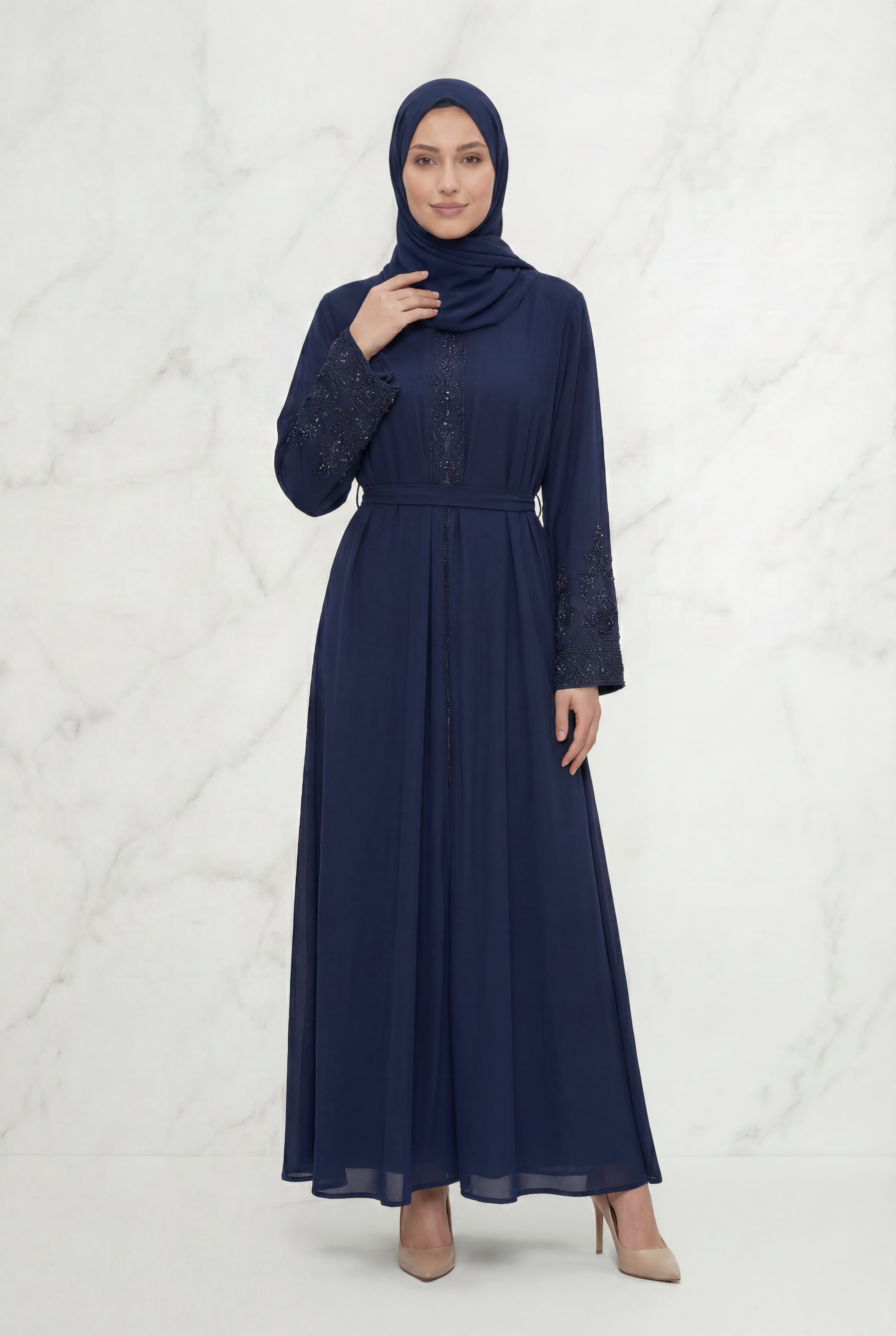 Bushra Beaded Chiffon Abaya Navy Blue 6160
