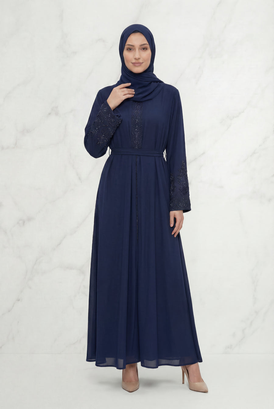 Bushra Beaded Chiffon Abaya Navy Blue 6160