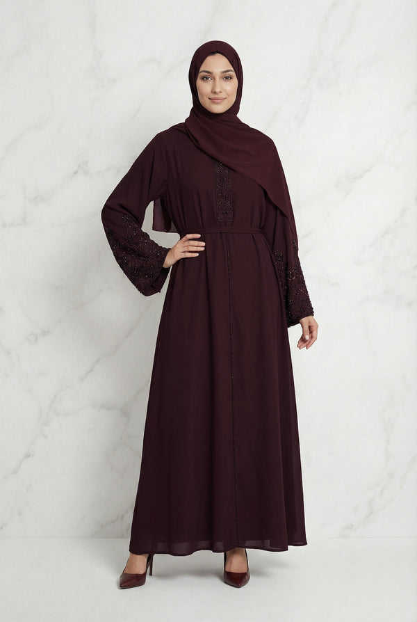 Bushra Beaded Chiffon Abaya Plum 6160