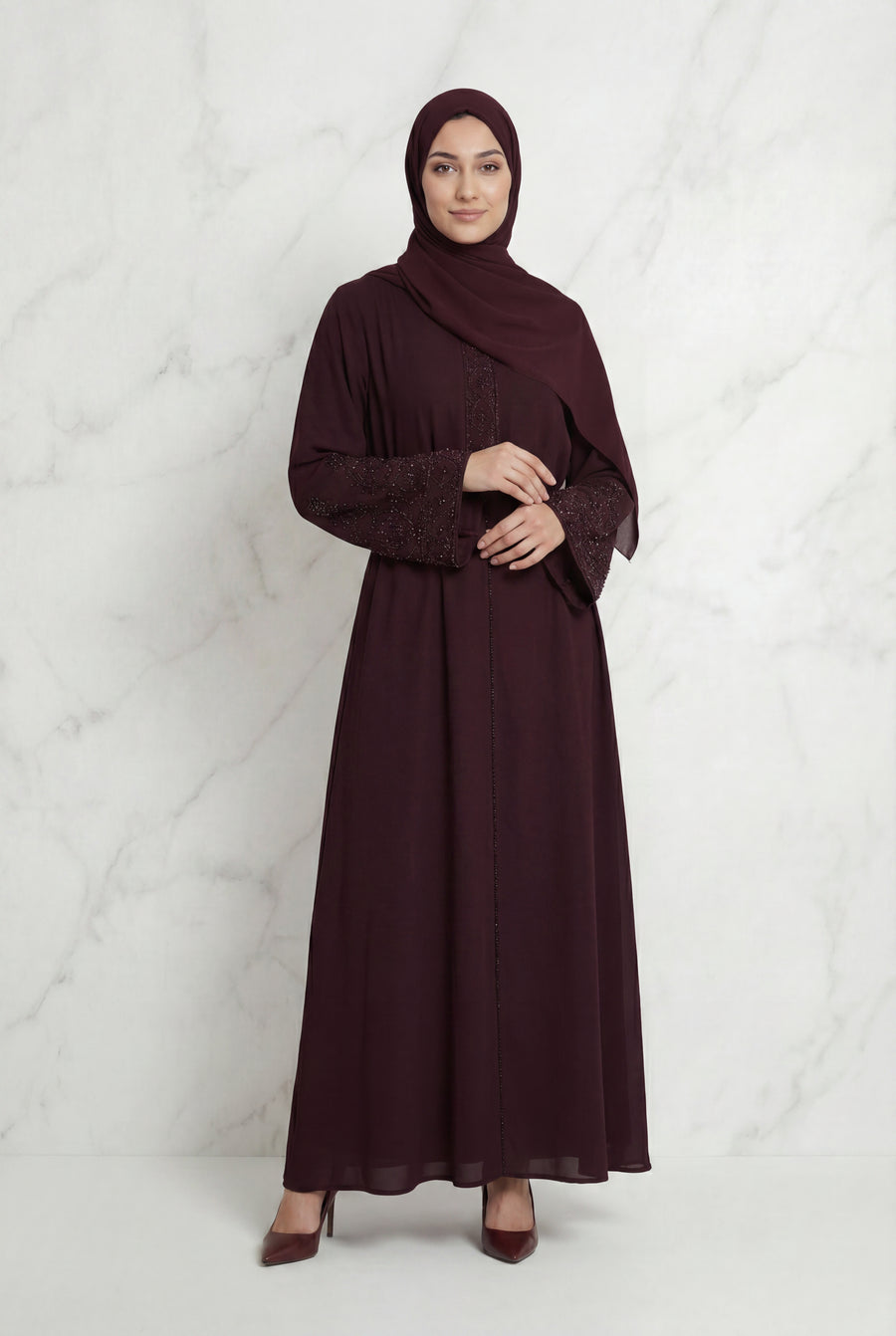 Bushra Beaded Chiffon Abaya Plum 6160