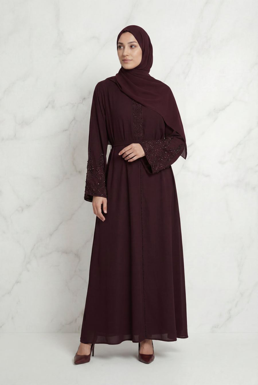 Bushra Beaded Chiffon Abaya Plum 6160