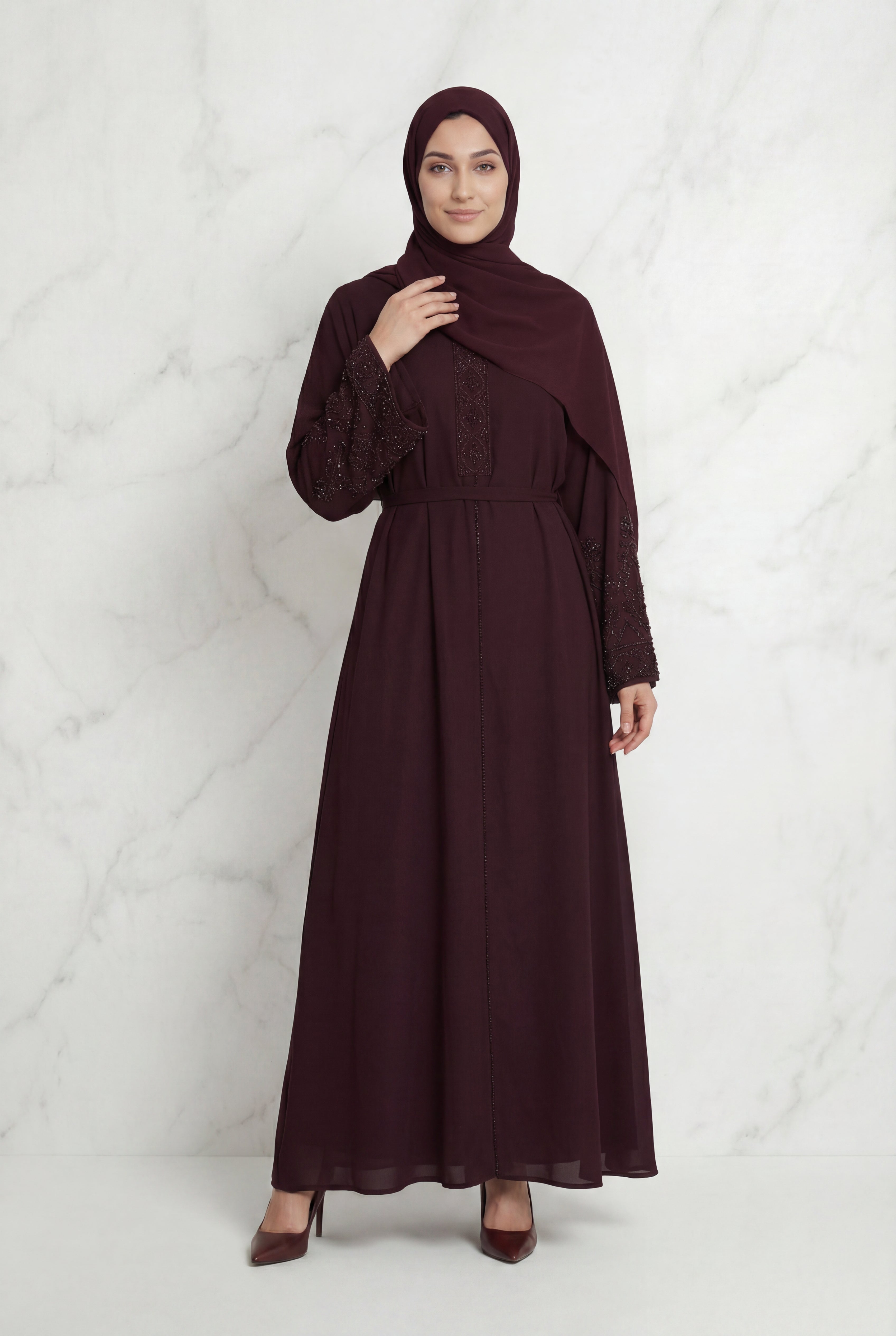 Bushra Beaded Chiffon Abaya Plum 6160