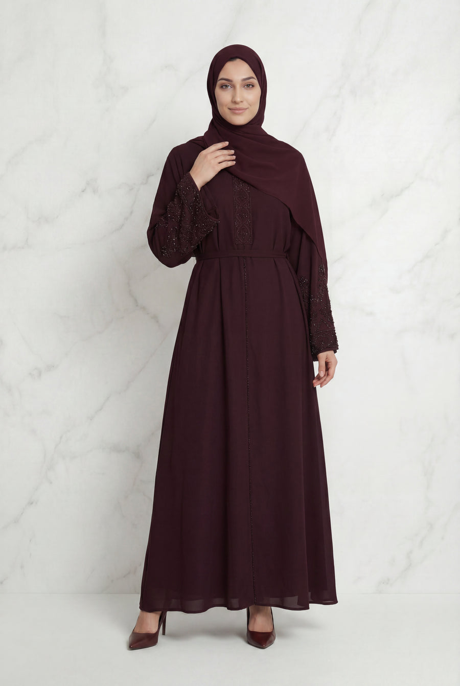 Bushra Beaded Chiffon Abaya Plum 6160