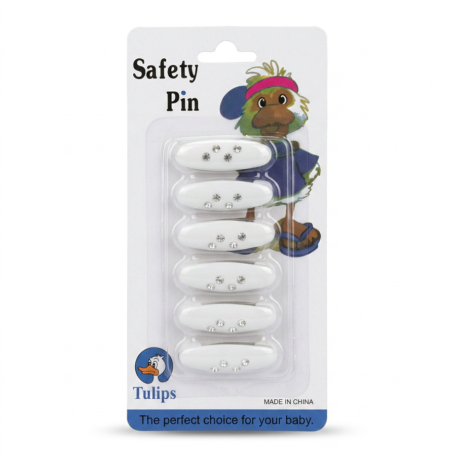 Safety Pins White Diamante - 6 Pack