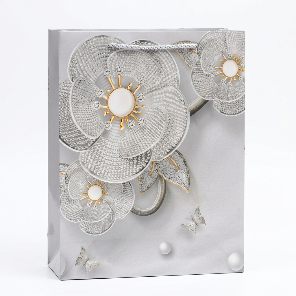 Silver & Gold Floral Butterfly Gift Bag - Medium