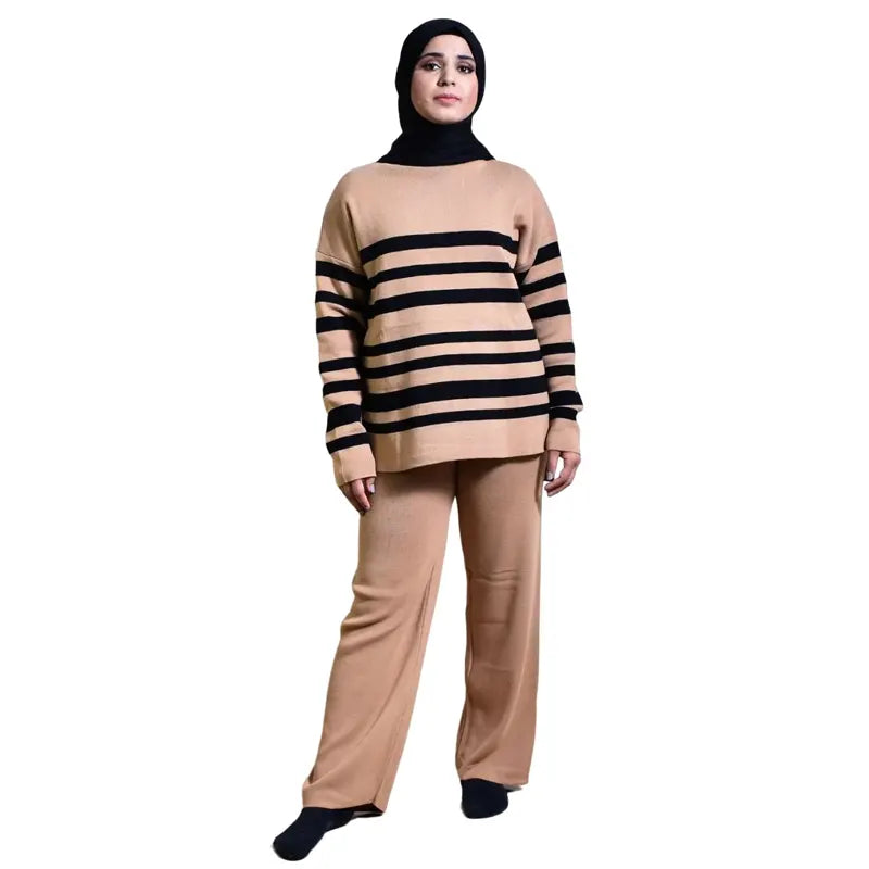 Women Beige & Black Striped Two Piece Co Ord Set