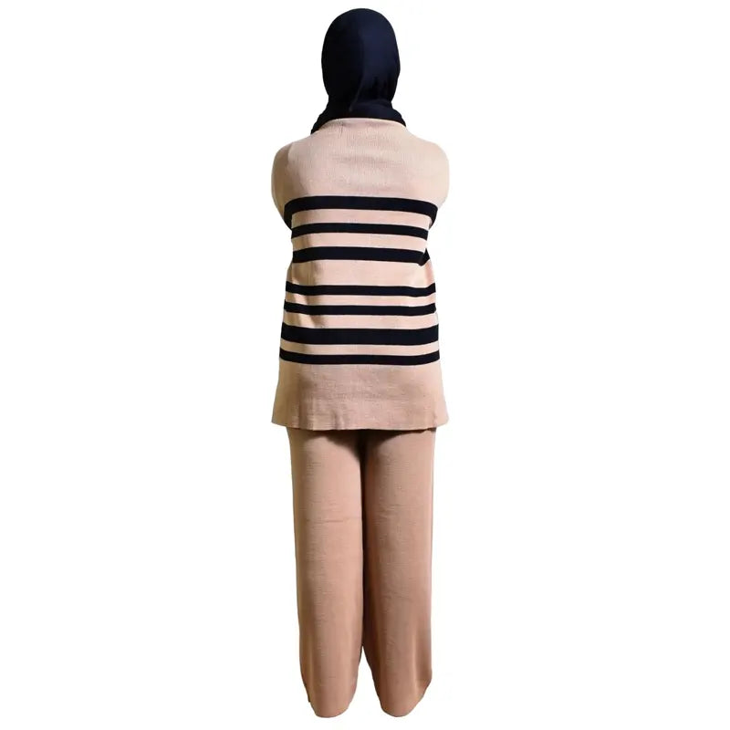 Women Beige & Black Striped Two Piece Co Ord Set