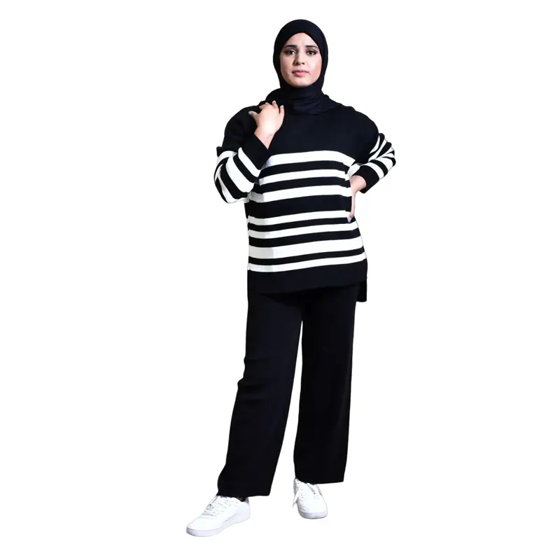 Women White & Black Striped Two Piece Co Ord Set